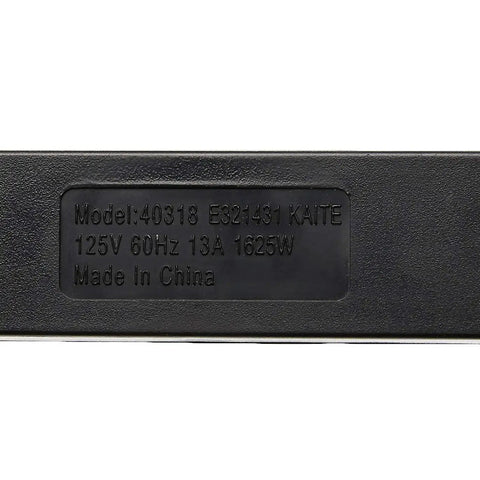 Close-up of the label on Eight Foot 3 Prong Grounded Indoor Extension Cord, showing model number and power specifications.