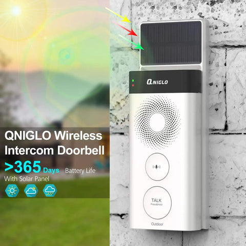 Solar Powered Wireless Doorbell Intercom All In One Kit With Waterproof Build mounted on a brick wall outside a house