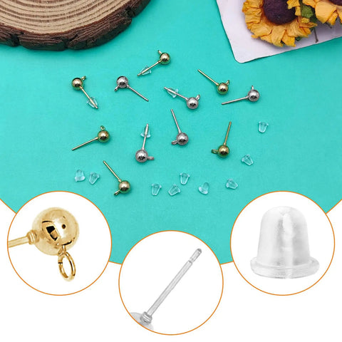 Hypoallergenic Ball Stud Earrings Posts With Loop For Jewelry Making, Round Ball Post Studs And Clear Earring Backs Kit, 320 Piece DIY Jewelry Supply For Crafting Dope Earrings And Accessories. Ball post studs and clear backs on turquoise background