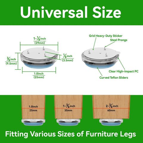 Universal size clear nail-on chair leg floor protectors with grid heavy-duty sticker, steel prongs, 16 pack, protect floors.