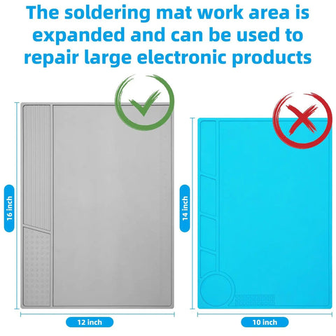 Gray Soldering Mat Heat Resistant 932 Fahrenheit With Scale Ruler And Screw Position Markers, Silicone Repair Pad vs smaller mat