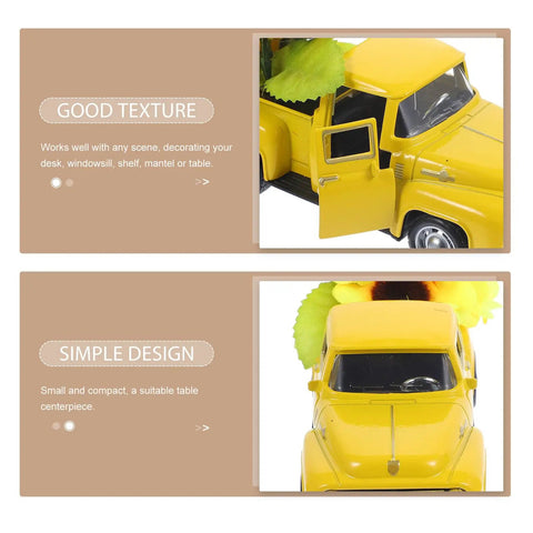 Yellow Metal Truck Decor With Artificial Sunflowers Vintage Farmhouse Charm Tiered Tray Ornament showing door and front details