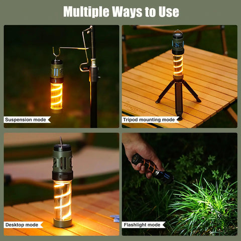 Portable LED Lantern And Flashlight Combo with dual heating, magnetic mount on tripod, table, and as a handheld light.