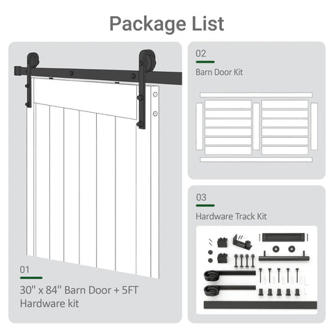 White 30X84 Inches Sliding Barn Door Smooth Rail System Floor Guide H-Frame Hardware Kit waterproof PVC surface and accessories.