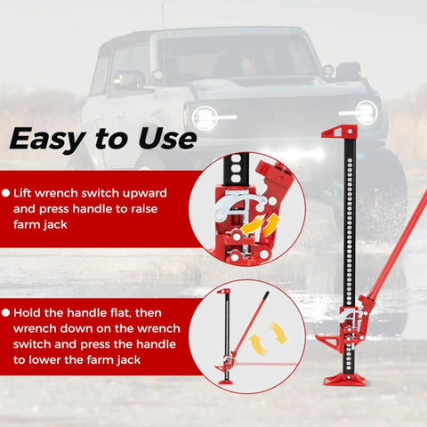 Diagram of Beefed Up Heavy Duty Farm Jack 3 Ton Capacity 153 cm Off Road Ratcheting Utility Lift in use instructions