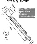 Heavy Duty M7 X 50mm Hex Socket Countersunk Self-Tapping Furniture Screws, diagram showing dimensions and Allen key size.