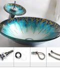 USZWBY Gradient Color Artistic Vessel Sink Bowl-Shaped Tempered Glass Above Counter Bathroom Washing Basin Combo with Waterfall Faucet, Modern Lavatory Bowl, 17.71", Gold with blue and gold design.