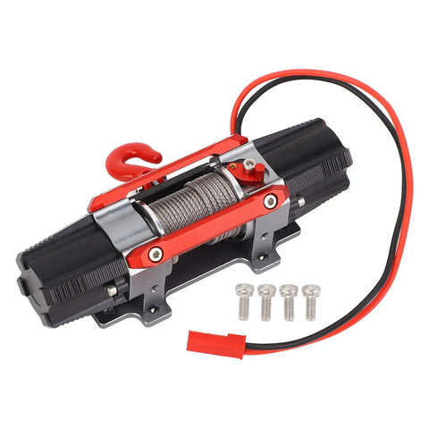 Premium CNC Dual Motor Winch Kit Metal Alloy for 1/10 And 1/8 Scale RC Cars, showing red and black dual motor winch with accessories.