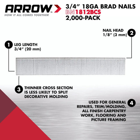 Heavy Hitter 18 Gauge Galvanized Steel Brad Nails For Tough Carpentry And Weekend Project Builds Includes 2000 Count Of Trusty 3/4 Inch Fasteners displayed with specifications.