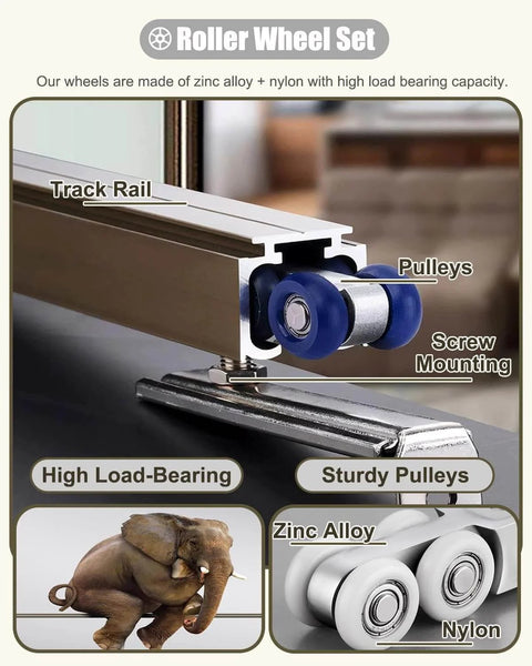Pocket Door Track Kit For Barn Doors 5.9ft Silver Sliding And Bifold Hardware with soft close illustrated with rollers and rails