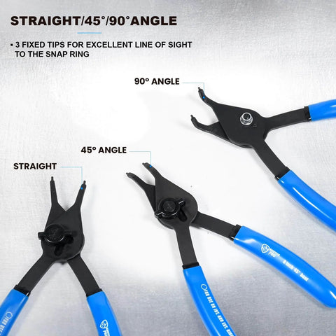 12 Piece Versatile Retaining Snap Ring Pliers Set, Heavy Duty Fixed Tip Pliers For Internal And External Rings, 3 angles displayed