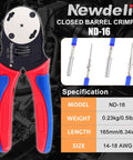 Deutsch Connector Crimp Tool For 14 To 18 AWG Closed Barrel Pins with red and blue handle, model ND-16 displayed.