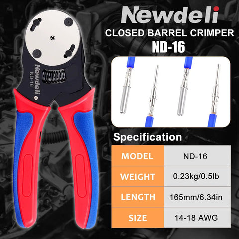 Deutsch Connector Crimp Tool For 14 To 18 AWG Closed Barrel Pins with red and blue handle, model ND-16 displayed.