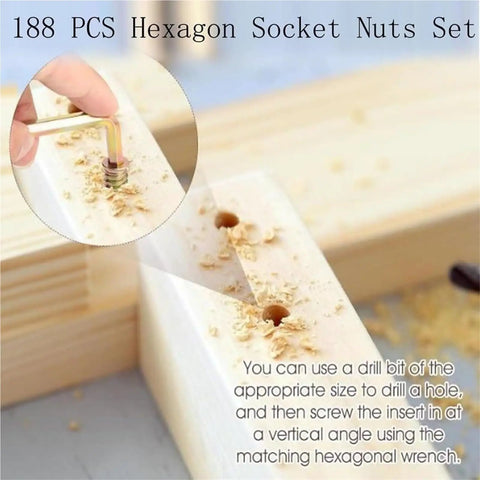 Rock Solid 188 Piece Hex Socket Nuts And Wrench Drill Bit Set, hexagonal wrench securing a threaded fastener in wood.