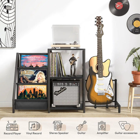 Bikoney Multi-Functional Record Player Stand And Guitar Rack For Acoustic Electric Bass With Amp Shelf in living room with vinyl records.