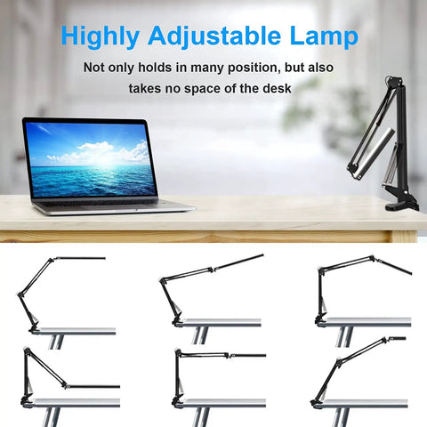 Clamp On LED Desk Lamp For Home And Office, Adjustable Swing Arm shown in multiple positions on a desk