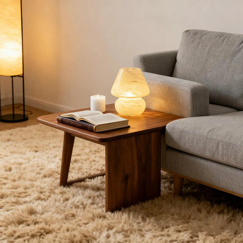 Cordless Mushroom Lamp With Battery Power And Timer on wooden side table, warm white LED, cozy cloud decor in living room.