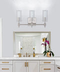 3 Light Brushed Nickel LED Vanity Light With Crystal Bubble Glass And Clear Glass Shades, 24 Inch Modern Bathroom Fixture Over Mirror