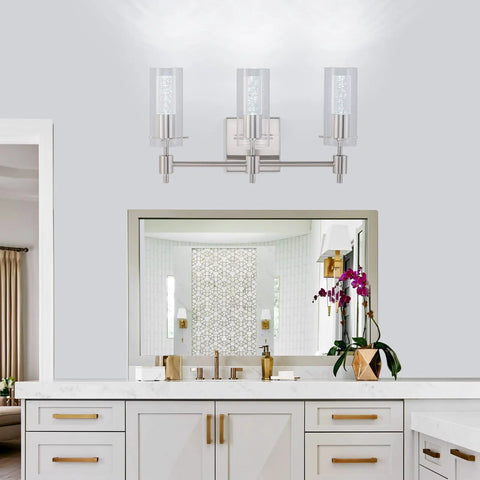 3 Light Brushed Nickel LED Vanity Light With Crystal Bubble Glass And Clear Glass Shades, 24 Inch Modern Bathroom Fixture Over Mirror