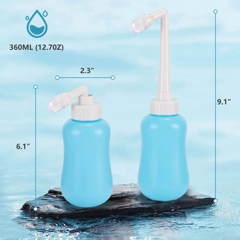 Two blue 12.7 oz postpartum peri bottles with soft skin-safe material, leak-proof design for gentle perineal cleansing and comfort.