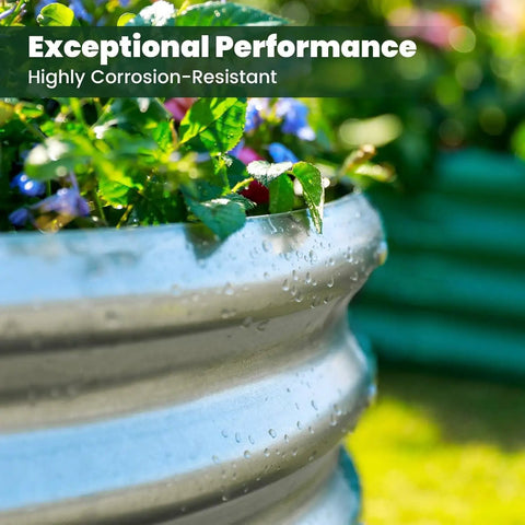 Close-up of Two Pack Raised Garden Beds, 8 By 4 By 1 Foot, Galvanized Oval Metal Planter Boxes For Outdoor Use with flowers
