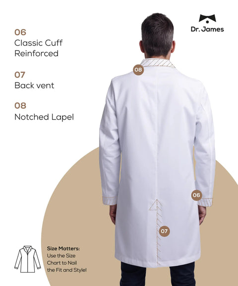 Rear view of Premium Unisex Lab Coat With Multiple Pockets, Tailored Fit, Button Closure, 39 Inch Length, Size Medium, Durable Medical Workwear