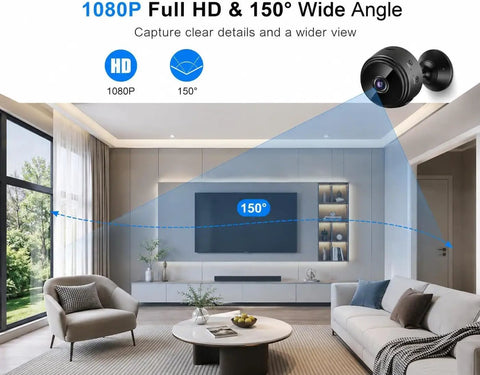 Top Shelf 1080P PTZ Security Camera Featuring Reliable 4G Plus WiFi Connectivity Portable Indoor Outdoor Surveillance Rig With Slick Magnetic Wall Mount And Ample 16GB Storage For Smooth Monitoring in a modern living room showing 150-degree wide angle.