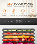 LED touch panel of Solid Food Dehydrator With Eight Stainless Steel Trays For Fast Jerky And Fruit Drying, showing controls and dried food.