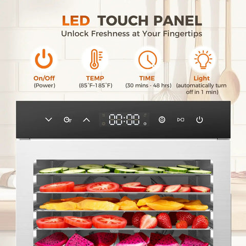 LED touch panel of Solid Food Dehydrator With Eight Stainless Steel Trays For Fast Jerky And Fruit Drying, showing controls and dried food.