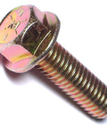 Hella Durable Grade 8 Hex Flange Bolts 3/8 16 X 1 1/4 Inch Yellow Zinc Plated Steel Fasteners close-up showing head and threads.