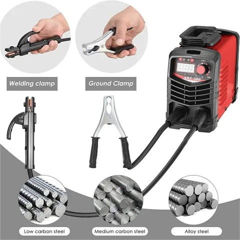 120A 110V MIG and Arc Welding Machine Semi Automatic DC Welder For Home Shop Use showing clamps and metal types