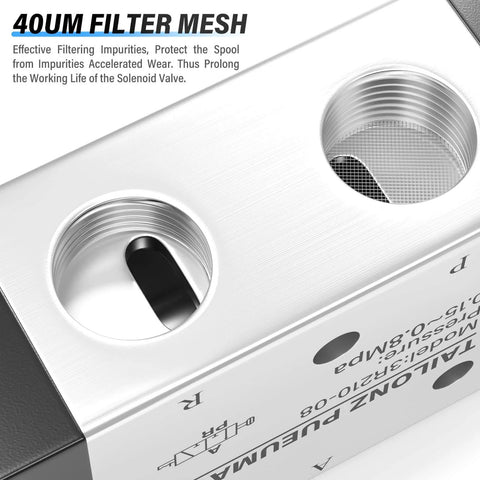 Close-up of Three Way Two Position Hand Pull Valve One Quarter Inch NPT Air Pneumatic Valve with 40UM filter mesh detail