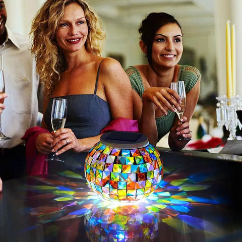 Color Changing Solar Powered Glass Ball Lights For Outdoor And Indoor Decor Mosaic Globe Lamp Waterproof on table