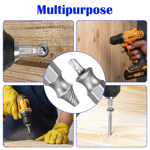 Six Piece Screw Extractor Set for Damaged Screws and Rusty Bolts HSS High Speed Steel Removers shown in use with drill