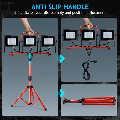 Beast Bright 150W LED Work Light With Tripod Stand showing dual flood lamp setup, anti-slip handle, and compact folding feature.