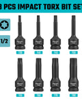 Eight Piece Impact Torx Bit Set With One Half Inch Drive Including T30 T40 T45 T50 T55 T60 T70 T80 Bits In Chromoly Steel With Manganese Phosphate Coating