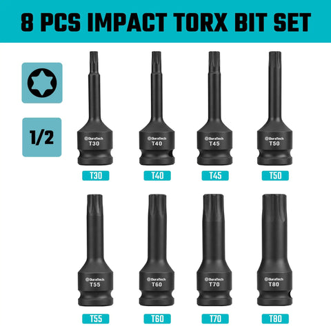 Eight Piece Impact Torx Bit Set With One Half Inch Drive Including T30 T40 T45 T50 T55 T60 T70 T80 Bits In Chromoly Steel With Manganese Phosphate Coating