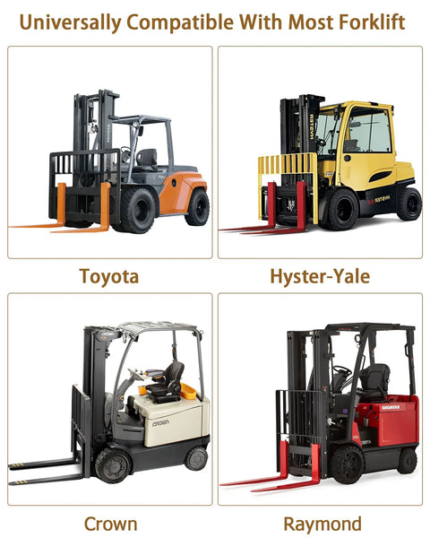 DEXSO forklift extensions collage showing four forklifts (Toyota, Hyster-Yale, Crown, Raymond) with extended forks.