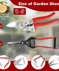 Diagram showing Heavy Duty Garden Pruning Shears Set With Japanese SK5 Steel Blade, dimensions and ergonomic grips for gardening.