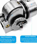 Built Tough Universal 3 Jaw Chuck Milling Indexing Head With Sweet Precision Rotary Table showing indexing scale rings and graduations.