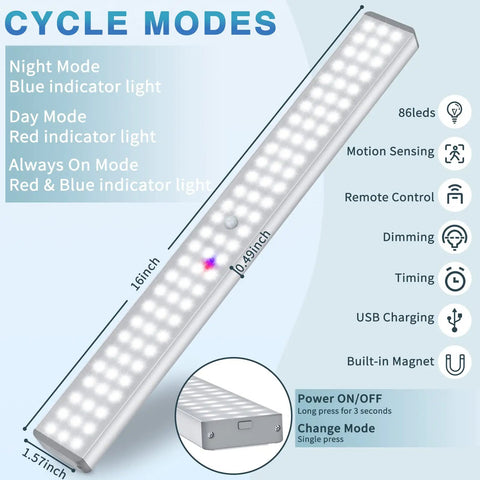 Diagram of Dope 86 LED Wireless Closet Lights With Remote Control, Rechargeable 2400mAh Battery, showing features and dimensions.