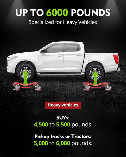 Heavy Duty Carbon Steel Tire Wheel Dollies Set Of 4 Car Movers With Anti Skid Plate And 360 Degree Rotating Wheels 16 By 13 Inches Red Each Supports Up To 1500 Lbs shown under a white truck lifting it for easy moving.