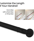 Solid Black Aluminum Stair Handrail DIY Kit With ADA Compliant Wall Returns No Sweat Installation Powder Coated For Indoor Outdoor Walkways Slick Five Foot Grip Bar showing customization options with cutting guide.