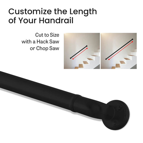 Solid Black Aluminum Stair Handrail DIY Kit With ADA Compliant Wall Returns No Sweat Installation Powder Coated For Indoor Outdoor Walkways Slick Five Foot Grip Bar showing customization options with cutting guide.