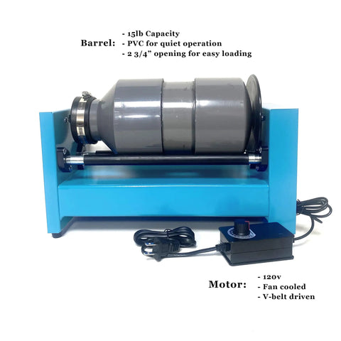 Electric Tumbler Kit for Polishing Stones, 15Lb Single Barrel Polisher with PVC barrel and motor shown on blue base
