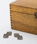10 Set Retro Zinc Alloy Hinges For Small Boxes And Cabinets, Vintage Bronze Hinges with a wooden jewelry box.