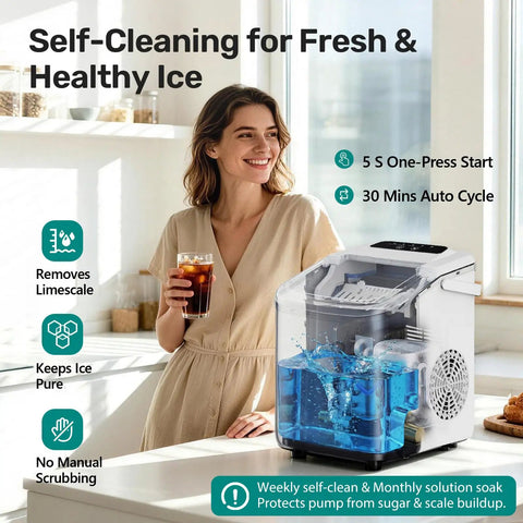 Compact Countertop Ice Maker With Self Cleaning Design And Rapid Cube Batch Output Built Straight For Your Kitchen Or Patio Portable Setup Featuring A Sturdy Carry Handle For Zero Fuss Transport And Ready When You Are Chill Sessions with glass of ice tea