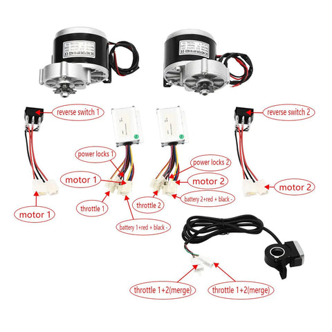 Dual Motor Drive 10 Inch Air Wheel Conversion Kit components with 24V 250W motors, wiring, thumb throttle and reverse switch layout.