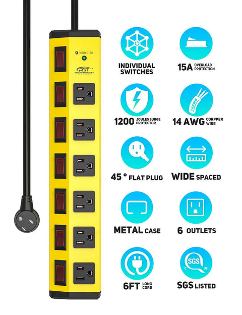 Heavy Duty Metal Power Strip With Six Individually Controlled Switches And 1.77 Inch Wide Outlet Spacing For Bulky Plugs, 1200 Joule Surge Protection, 6 Foot 14 AWG Cord With Flat Plug, Wall Mountable For Home Garage Or Shop