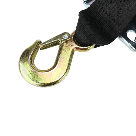 Close-up of hook on 600 Lb Heavy Duty Hand Winch With 6m Rope And 2 Inch Polyester Strap, 3:1 Gear, beefy steel construction for towing